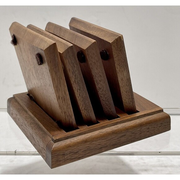 Vintage  Midcentury Modern Walnut Coaster Caddy w/ Enameled Maple Leaf - Picture 5 of 9